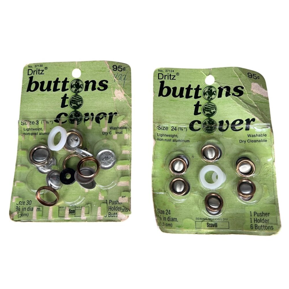 VTG Dritz Scovill buttons to cover Size 24 (5/8”)  & Size 30 Lightweight NonRust